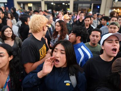 Protesters shout before a speaking engagement by Ben Shapiro on the campus of the University of California Berkeley in Berkeley, Calif