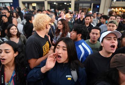 Protesters shout before a speaking engagement by Ben Shapiro on the campus of the University of California Berkeley in Berkeley, Calif