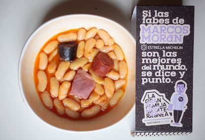 Plato de fabada a domicilio de Marcos Morán, cocinero asturiano con estrella Michelin en su restaurante Casa Gerardo