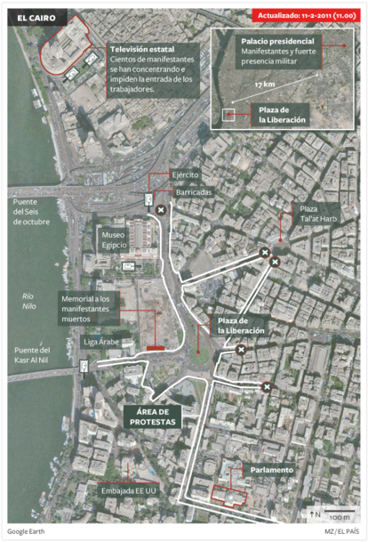 Plano de El Cairo con los principales escenarios de las protestas y movilizaciones.