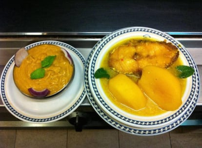 El típico caldo de pescado canario consiste en una mezcla de cherne, cebolla, ajo y patata con gofio escaldado. Este plato es una de las especialidades de Pedro Cruz, propietario del Restaurante Casa Perico, en la Playa de Melenara (Las Palmas)