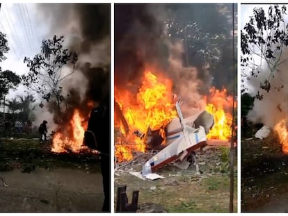 Una avioneta cae y se incendia cerca de una vía principal en Cali, el 3 de octubre de 2023.