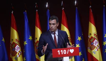 Pedro Sánchez este miércoles en la presentación del programa socialista para las elecciones generales. 