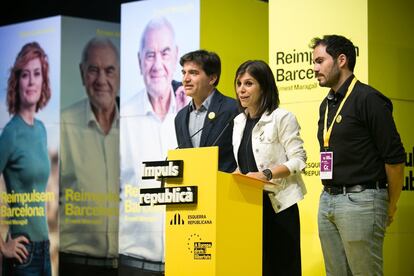 Valoración de ERC sobre los primeros resultados a las elecciones municipales y europeas, en la sede del partido. De izquierda a derecha, Sergi Sabrià, Marta Vilalta y Robert Fabregat.