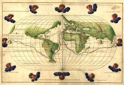 Mapa de la ruta de Magallanes de uno de los atlas de Battista Agnese (1544).