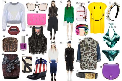 28. Andrea Crews Sudadera de plástico con ribetes de algodón. 29. Prism Gafas de sol con montura con print de camuflaje. 30 y 42. Acne. 31. True Religion Eau de parfum “Hippie Chic”. 32. Pull & Bear Camiseta sin mangas con cara sonriente. 33. Topshop Diadema con pinchos y margaritas. 34. Malababa Clutch de piel con calaveras. 35. Yazbukey Broche en forma de labios. 36. Holy Preppy Chaleco vaquero con flecos de piel. 37. Bex Rox Brazalete de cadenas y cordones flúor. 38. H&M Bikini con efecto tie dye. 39. Dolce & Gabbana Bandolera en print de leopardo y asa de cadena. 40. theBalm Laca de uñas “Hot Ticket”. 41. Topshop Parka de camuflaje con mangas vaqueras. 43. 3.1 Phillip Lim Falda estampada con mangas de camisa anudadas. 44. Moschino Funda para iPhone en dorado con símbolo de la paz. 45. Giuseppe Zanotti Bota de estilo cowboy con la bandera de EE.UU. y cuña interna. 46. Rebecca Minkoff Bandolera de piel con ribete de tachuelas. 47. Holy Preppy Cinturón de piel con hebilla dorada.