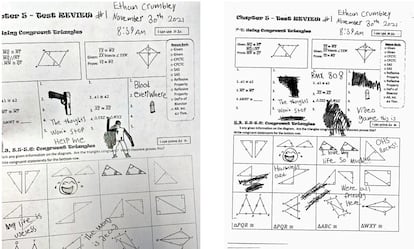 The school worksheet on which Ethan Crumbley drew a gun and a gunshot wound on the day he carried out the massacre. (l) The worksheet before it was discovered by his teacher, and (r) afterwords, when he crossed out the drawings. The image is part of the indictment.