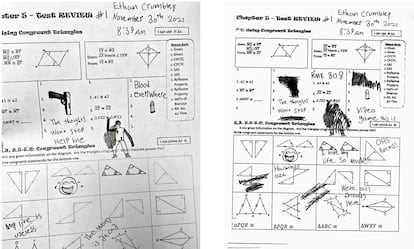 La hoja de ejercicios escolares en la que Ethan Crumbley dibujó una pistola y un hombre herido de bala el día en que perpetró la matanza, antes y después de ser descubierto por su profesor, cuando tachó esos dibujos. La imagen forma parte del sumario del caso.
