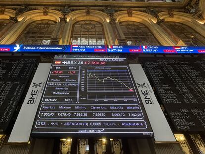 Vista del panel del Ibex 35 en la Bolsa de Madrid.