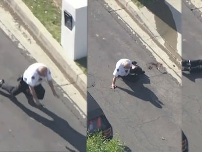 Momento en el que un hombre es atacado por abejas en Encino, California, el 15 de mayo 2023.