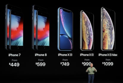 Phil Schiller da a conocer el precio de toda la gama iPhone en dólares americanos: iPhone 7 desde $449, iPhone XR desde $749, iPhone desde $999 y el iPhone Xc Max desde $1099.