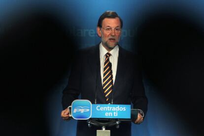 Mariano Rajoy, durante la rueda de prensa en la sede del PP en Madrid.