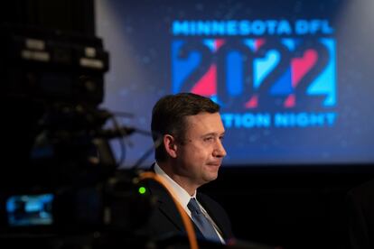 Democratic-Farmer-Labor Party Chair Ken Martin gives interviews at the DFL election night party at the Intercontinental Hotel in St. Paul, Minn., Tuesday, Nov. 8, 2022.