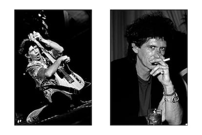A la izquierda, Keith Richards durante una actuación con los Rolling Stones, en Benidorm en 2003. A la derecha, retrato del artista en Madrid, en 1988.