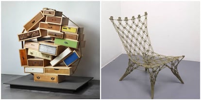 A la izquierda la cómoda 'No puedes guardar tus recuerdos',de Tejo Remy. A la derecha, 'Silla anudada' de Marcel Wanders.