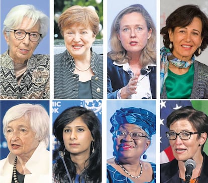 La presidenta del BCE, Christine Lagarde, la directora general del FMI, Kristalina Gueorguieva, la ministra de Economía, Nadia Calviño, la presidenta del Banco Santander, Ana Botín, la secretaria del Tesoro de EE UU, Janet Yellen, la economista jefe del FMI, Gita Gopinath, la directora general de la OMC, Ngozi Okonjo-Iweala, y la presidenta de Citigroup, Jane Fraser.