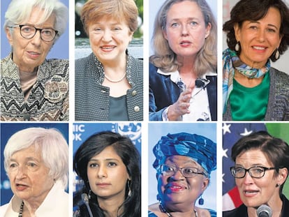 La presidenta del BCE, Christine Lagarde, la directora general del FMI, Kristalina Gueorguieva, la ministra de Economía, Nadia Calviño, la presidenta del Banco Santander, Ana Botín, la secretaria del Tesoro de EE UU, Janet Yellen, la economista jefe del FMI, Gita Gopinath, la directora general de la OMC, Ngozi Okonjo-Iweala, y la presidenta de Citigroup, Jane Fraser.