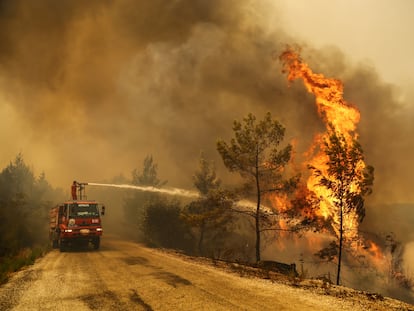 Bomberos hacen frente a las llamas cerca de la localidad de Manavgat este viernes