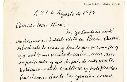 Carta inèdita d'Octavio Paz a Joan Miró, de 1974.