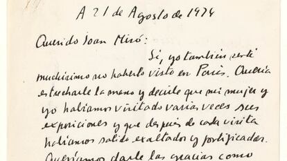 Carta inèdita d'Octavio Paz a Joan Miró, de 1974.