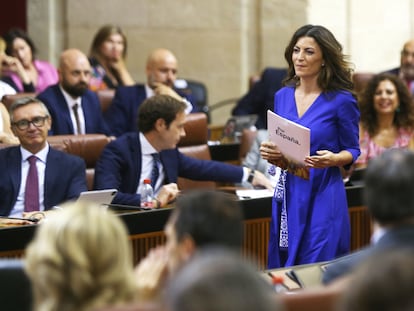 Macarena Olona, durante el debate de investidura en el Parlamento andaluz, el 21 de julio.