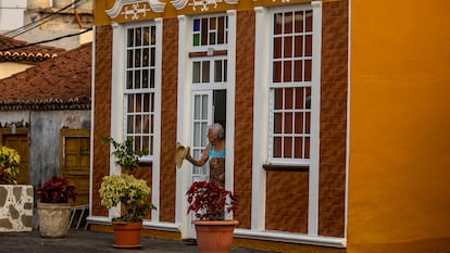 María Pilar Rodríguez, from San Borondón, cleans away ash.