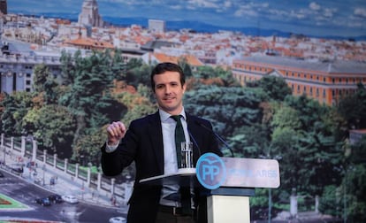 El presidente del Partido Popular, Pablo Casado, durante un acto de su partido en Madrid este año.