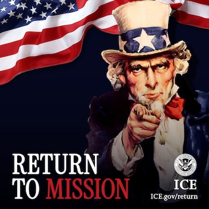 Ilustración compartida en redes por el ICE. Muestra al Tío Sam reclutando personas