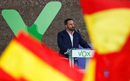 Santiago Abascal, durante el mitín del viernes de Vox en Madrid.