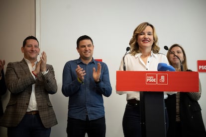 La portavoz del Gobierno y ministra de Educación, Pilar Alegría, este jueves en la sede del PSOE de Aragón en Zaragoza.