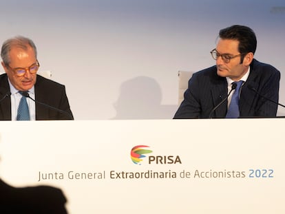 Pablo Jiménez de Parga (izquierda) y Joseph Oughourlian, durante la Junta General Extraordinaria de Accionistas 2022 este miércoles.