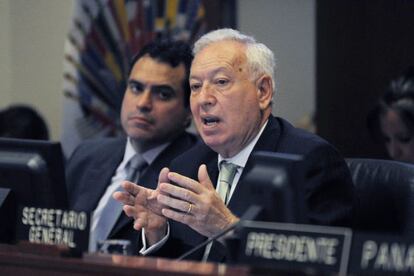 El ministro espa&ntilde;ol de Asuntos Exteriores, Jos&eacute; Manuel Garc&iacute;a-Margallo, durante su discurso en la OEA.