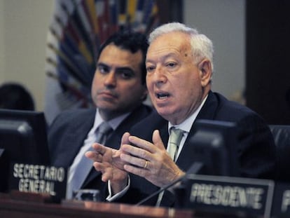 El ministro espa&ntilde;ol de Asuntos Exteriores, Jos&eacute; Manuel Garc&iacute;a-Margallo, durante su discurso en la OEA.