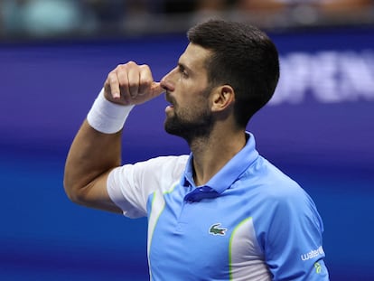 Djokovic celebra la victoria contra Shelton, este viernes en la Arthur Ashe.