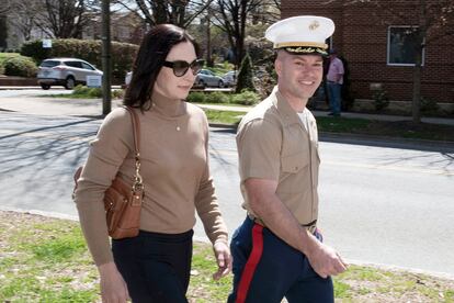 Marine Maj. Joshua Mast and his wife, Stephanie, arrive at Circuit Court, Thursday, March 30, 2023 in Charlottesville, Va.