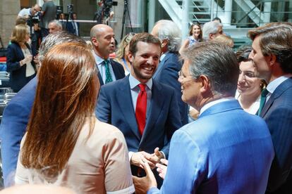 El líder del PP, Pablo Casado, a su llegada a la Real Casa de Correos.