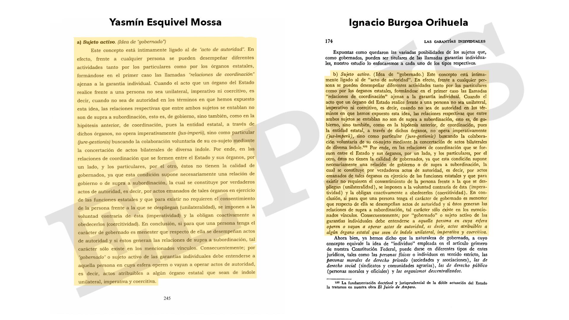 A la izquierda, la tesis de Esquivel, a la derecha una página del libro 'Las garantías individuales' de Ignacio Burgoa.