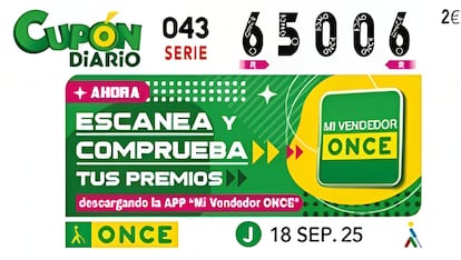 Cupón de la ONCE premiado en el sorteo celebrado este jueves 18 de septiembre de 2025.