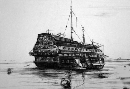 Dibujo de Adolfo Valderas sobre una de las nueve embarcaciones usadas como prisiones en la bah&iacute;a de C&aacute;diz, publicada en &#039;Recordando un olvido&#039;.