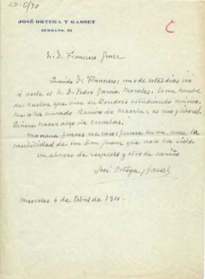 Carta de Ortega a Giner de los Ríos de 1910.