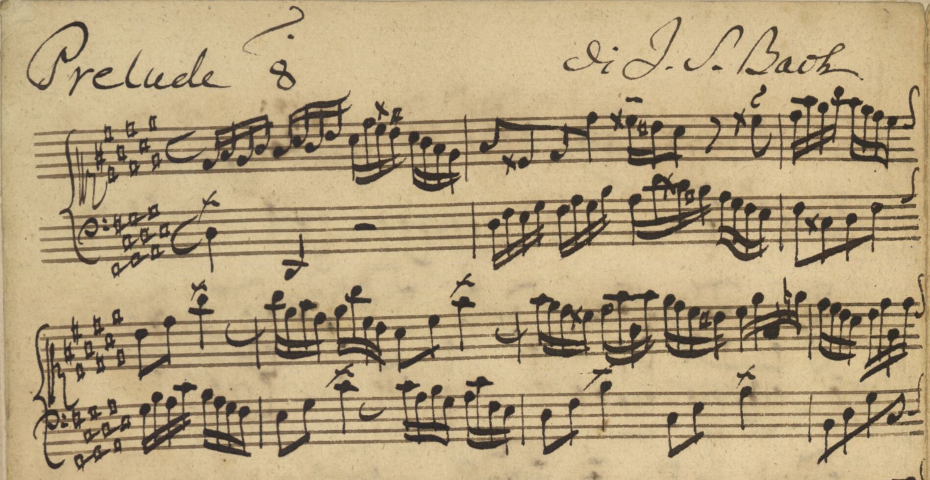 Manuscrito autógrafo del comienzo del Preludio núm. 8 del segundo libro de 'El clave bien temperado' de Johann Sebastian Bach