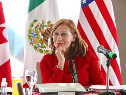 La secretaria de Economía, Tatiana Clouthier, en una reunión en el marco del primer aniversario del T-MEC, el 7 de julio, en Ciudad de México.