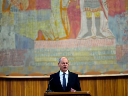 El canciller alemán, Olaf Scholz, durante su discurso en la Universidad Charles de Praga (República Checa) el lunes.