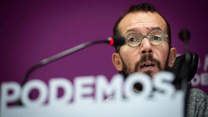 El secretario de Organización de Podemos Pablo Echenique, durante la rueda de prensa tras el Consejo de Podemos esta mañana en Madrid. 