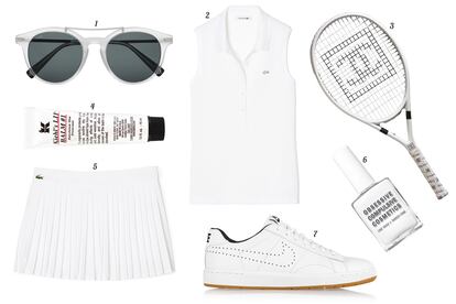 1. Loewe Gafas de sol con montura de pasta y detalle de metal. 2. Lacoste Polo sin mangas. 3. Chanel Raqueta de tenis. 4. Kiehl's Since 1851 Lip balm '#1'. 5. Lacoste Mini de tablas. 6. Obsessive Compulsive Cosmetics Laca de uñas. 7. Nike Sneaker de tenis con logo perforado.