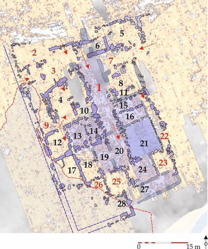 Plano del edificio de 30 habitaciones hallado en la Parcela 2.