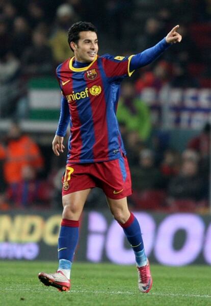 Pedro celebra un gol con el Barcelona.
