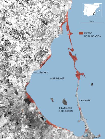 Manga del Mar Menor. Zonas en riesgo de inundación en 2050 si las emisiones de efecto invernadero crecen como hasta ahora y hay un nivel de deshielo alto.