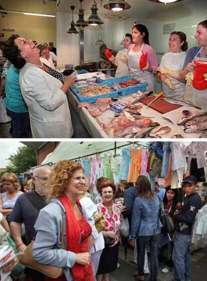 Arriba, la alcaldesa y candidata del PP Rita Barberá en una pescadería del mercado de Castilla. Abajo, la cabeza de lista del PSPV a la alcaldía de Valencia, Carmen Alborch, junto a un puesto del mismo mercado.