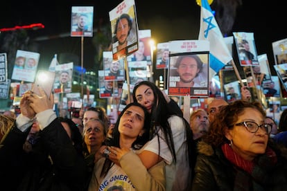 Protestors in Tel Aviv calling for the release of Israeli hostages in Gaza.